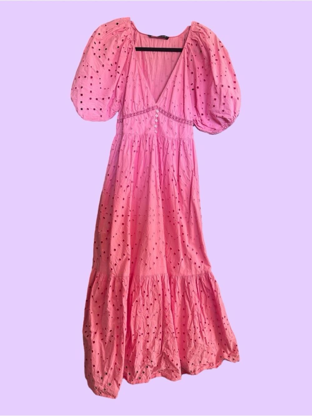 Zara Pink Eyelet Maxi Dress with Puff Sleeves
